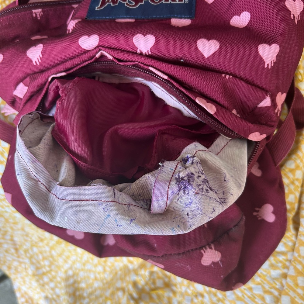 JanSport Burgundy Heart Print Backpack Classic Design - Picture 6 of 8